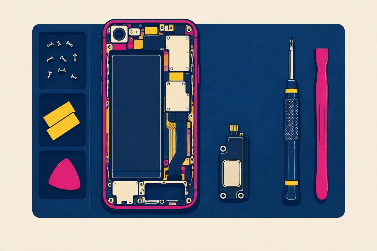 Opened smartphone on a repair mat beside a replacement loudspeaker module, precision screwdriver and plastic spudger