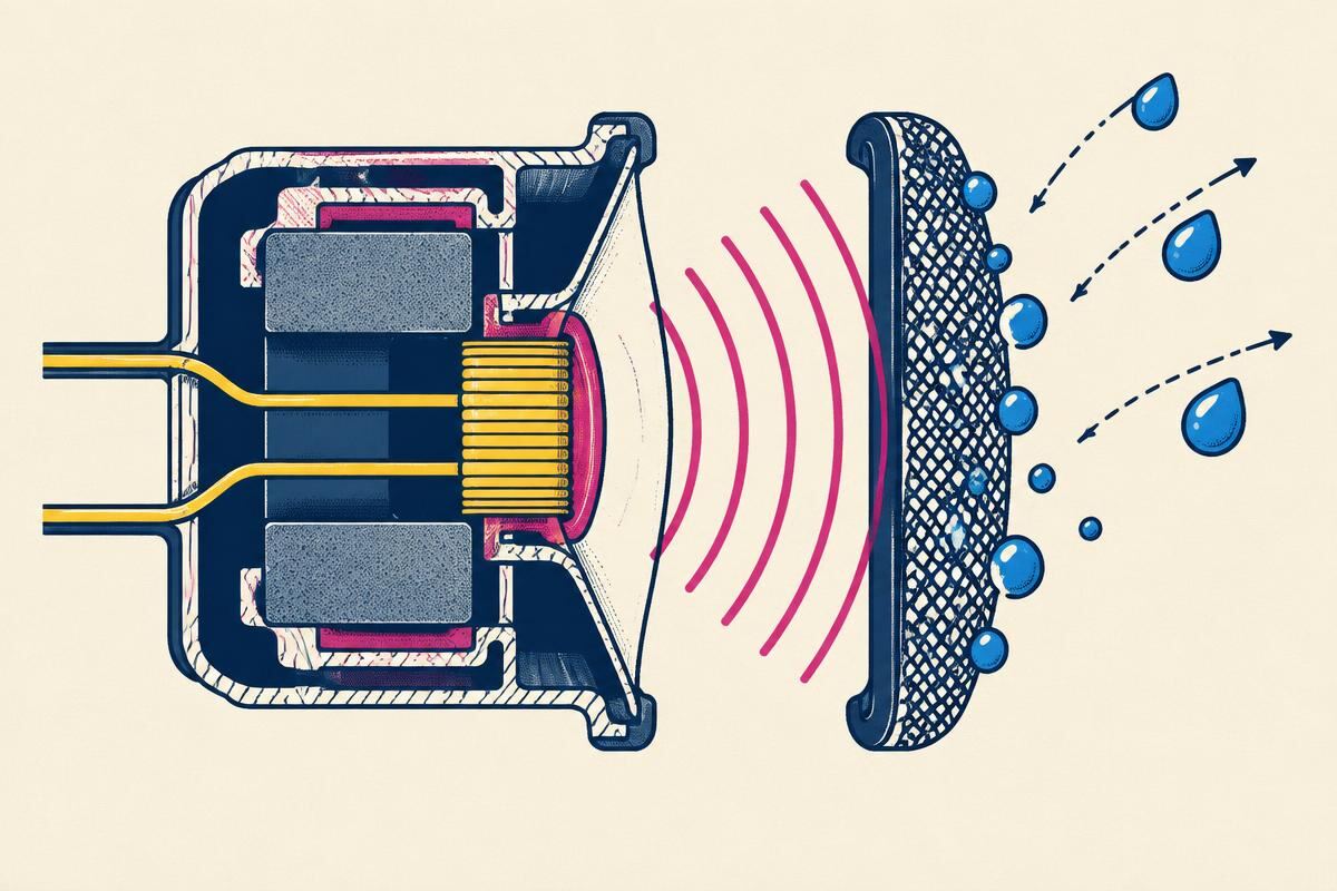 Cross-section of a phone loudspeaker showing magnet, voice coil, diaphragm and the mesh grille shedding water droplets