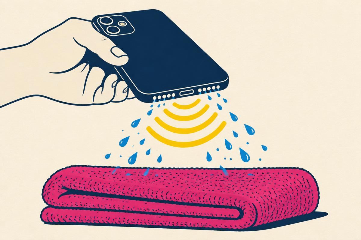 Phone held face-down over a towel while sound waves push water droplets out of the bottom speaker grille