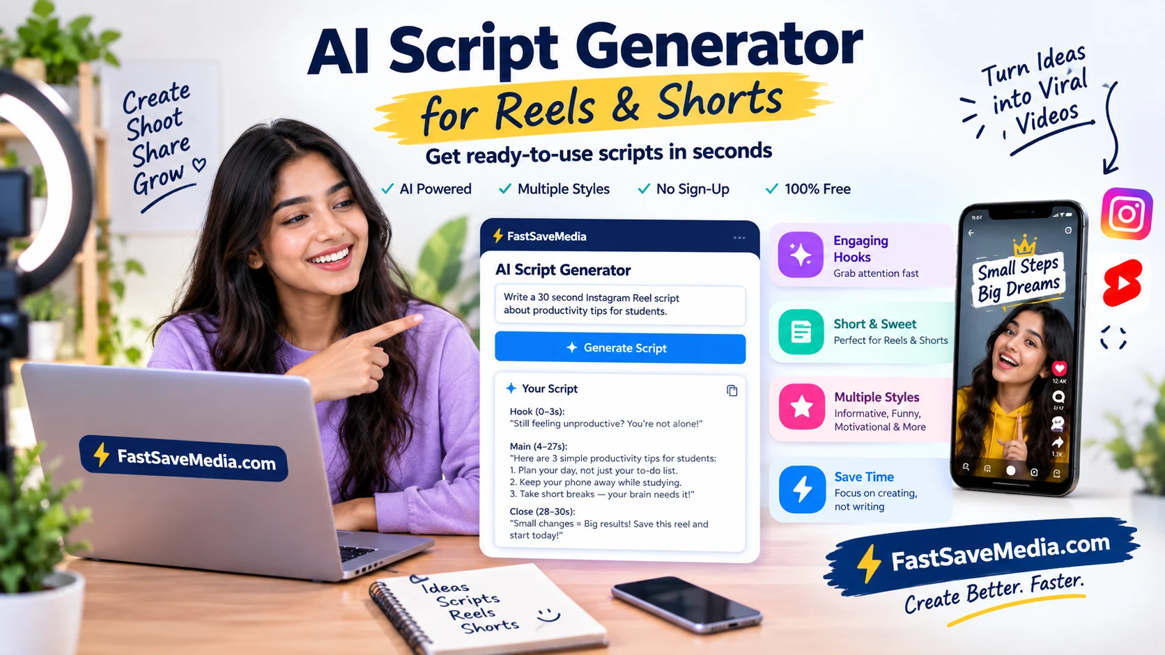 AI script generator producing hook body and call to action for Instagram Reels and YouTube Shorts