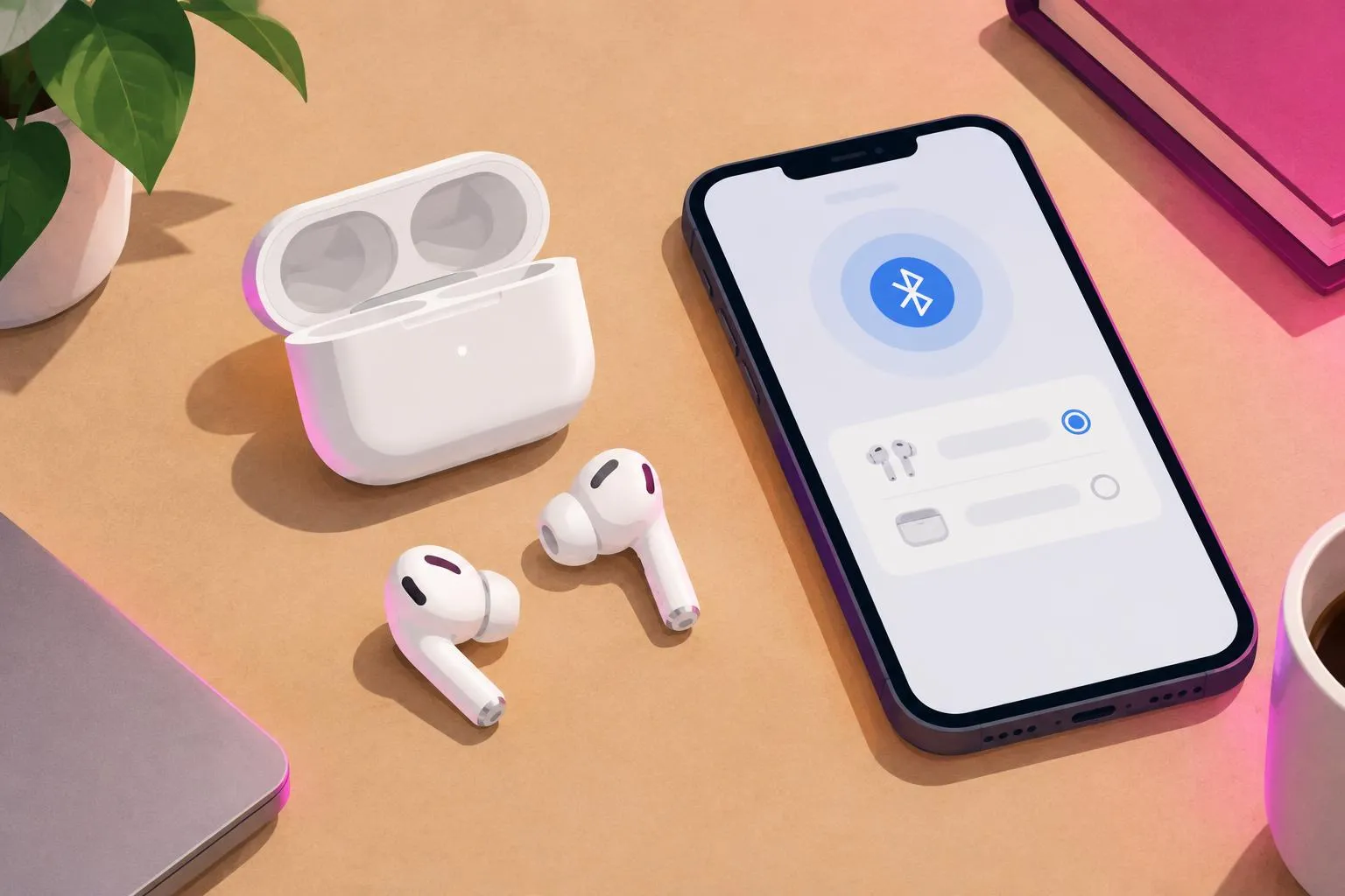 AirPods Pro and open charging case next to an iPhone showing the Bluetooth device list during a reset