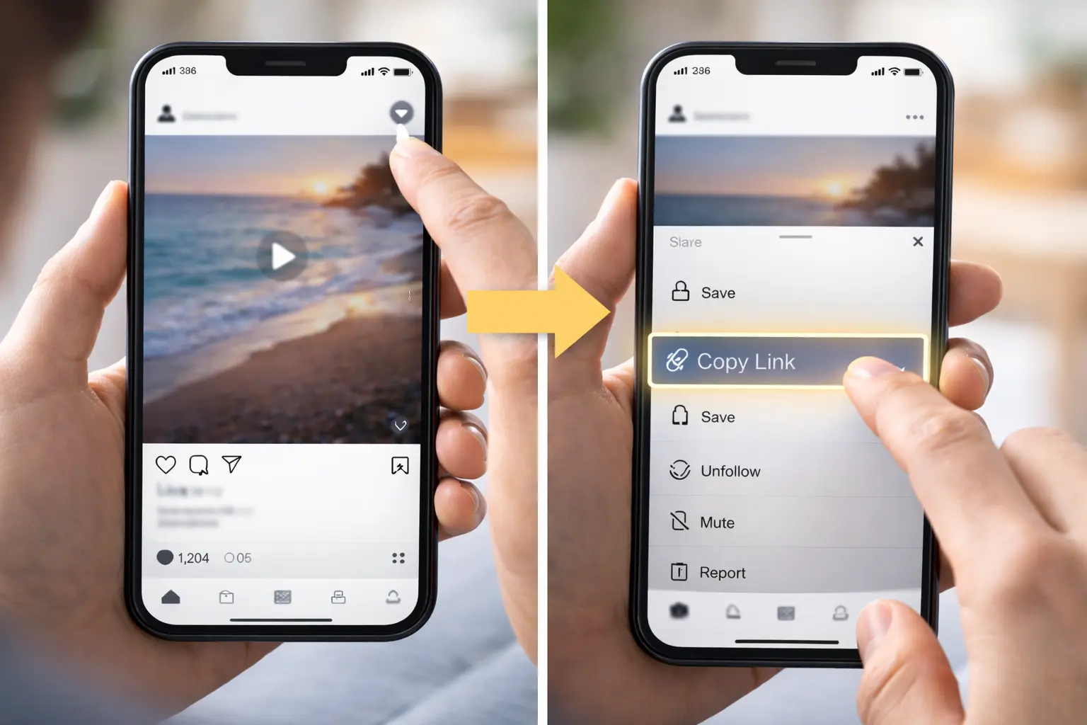 Copy Instagram video link from mobile app step