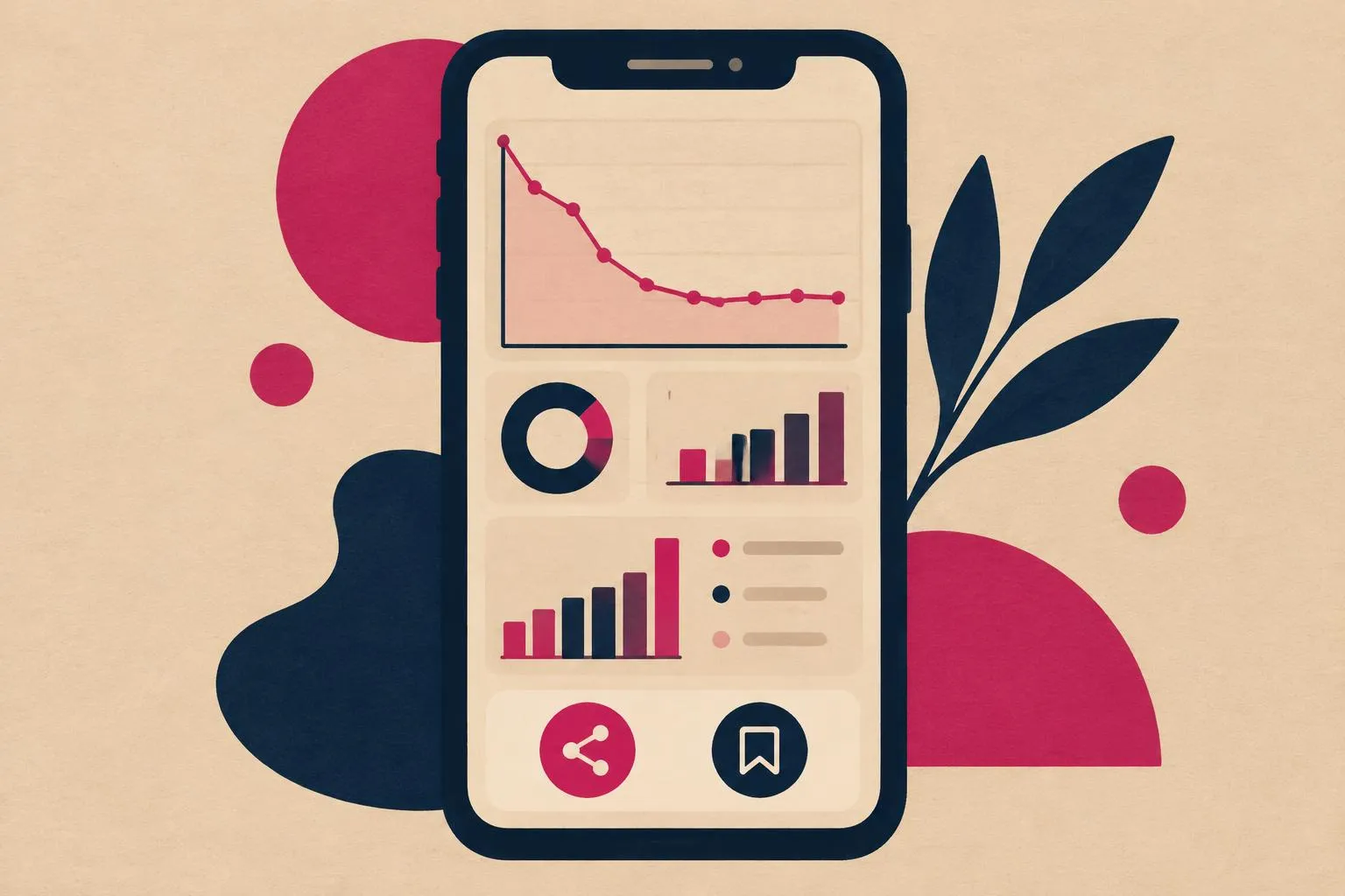 Phone showing a Reels analytics dashboard with a retention curve, bar charts and share and save icons
