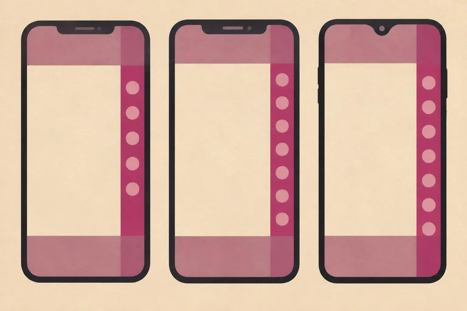 Three vertical phone screens with highlighted central safe areas and shaded bands where app buttons and captions sit