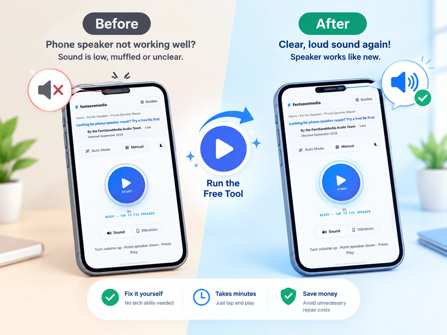 Illustration showing a blocked phone speaker before and a clear speaker after using the free cleaning tool
