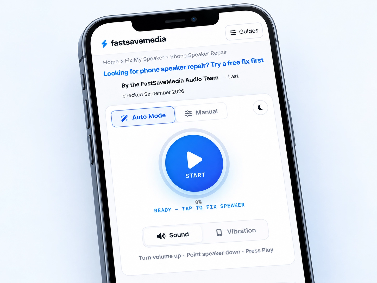 FastSaveMedia speaker cleaning tool showing Auto mode and play button