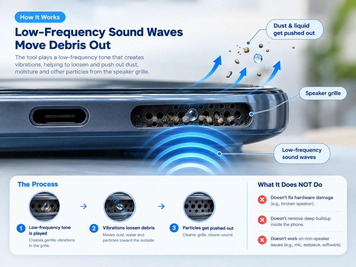 Diagram showing a low-frequency sound wave moving trapped water or dust out of a phone speaker grille