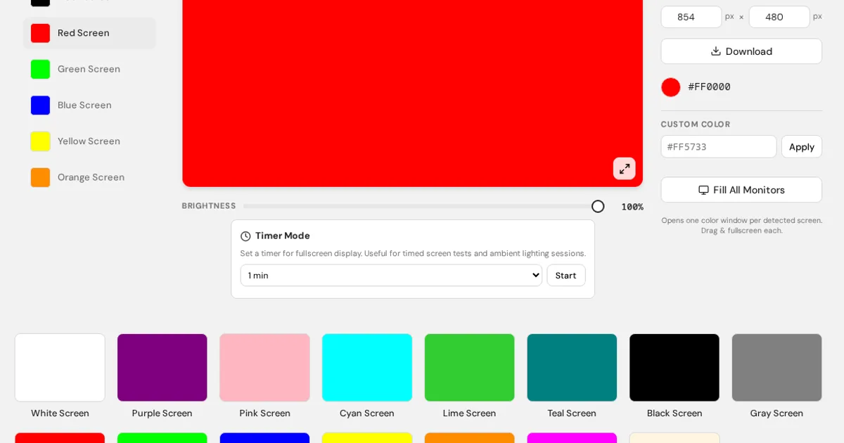 FastSaveMedia full screen color tool showing a red preview, color sidebar, brightness slider and wallpaper download panel